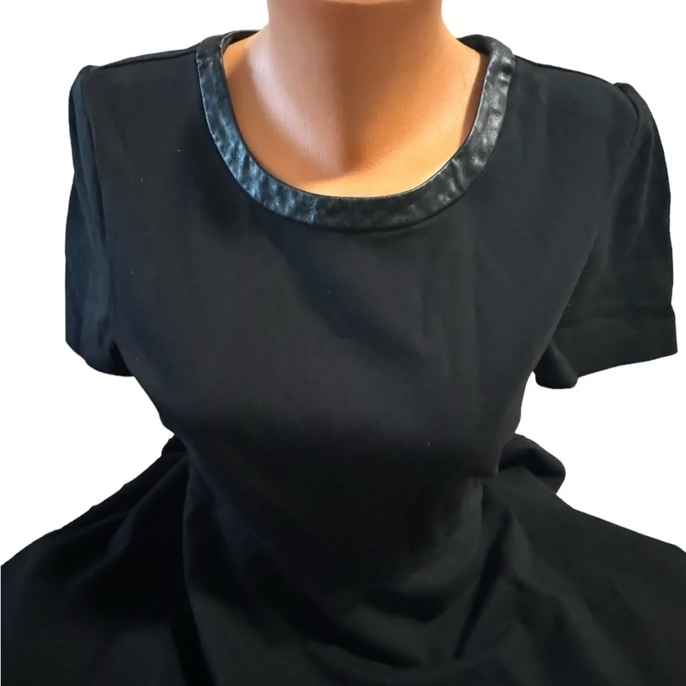 Madewell Women's Medium Fit Flare Dress Black Short Sleeve Leather Trim Stretch - Picture 5 of 11